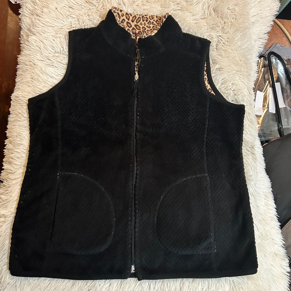 VINTAGE Stan Herman Black Fuzzy Fleece Vest Leopard Print‎ Trim Full Zip Large
